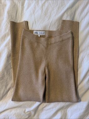 Zara Kids Metallic Ribbed Leggings - Taupe Shimmer